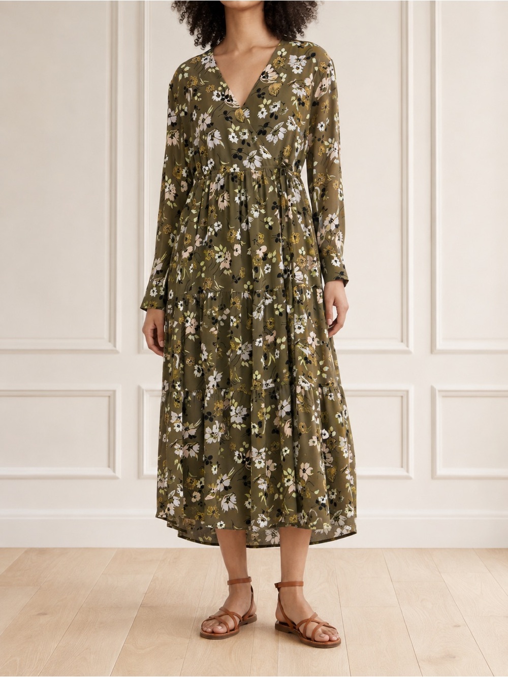 Madewell Cinch-Waist Tiered Midi Dress Small Wildflowers Kale Floral Georgette